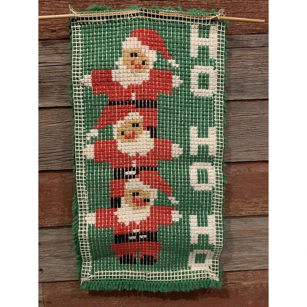 Vtg Latch Hook Rug Wall Hanging Decor Triple Santa Christmas 12